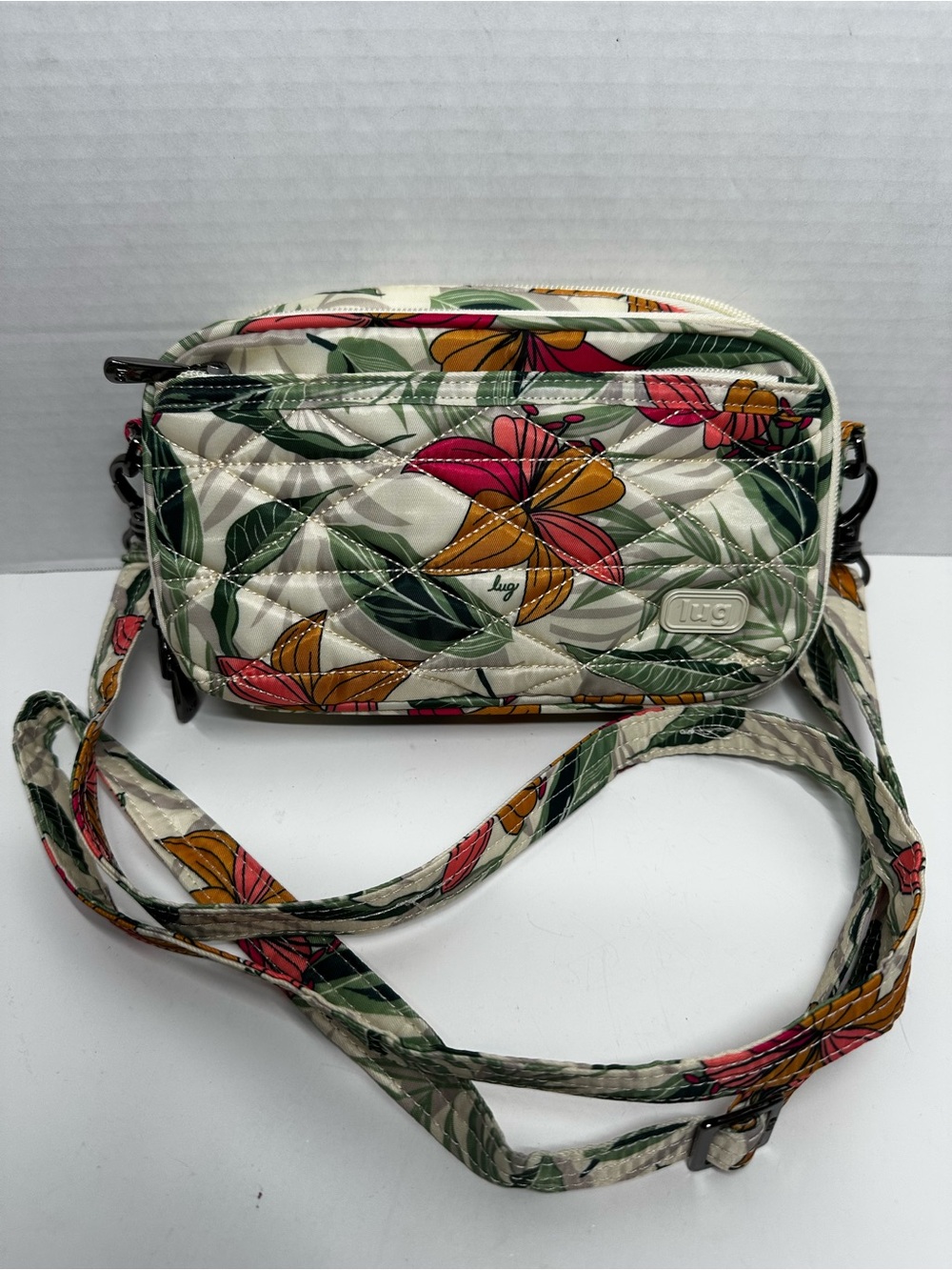 lug Floral Quilted Crossbody Bag in Cream with Pink & Orange Blooms